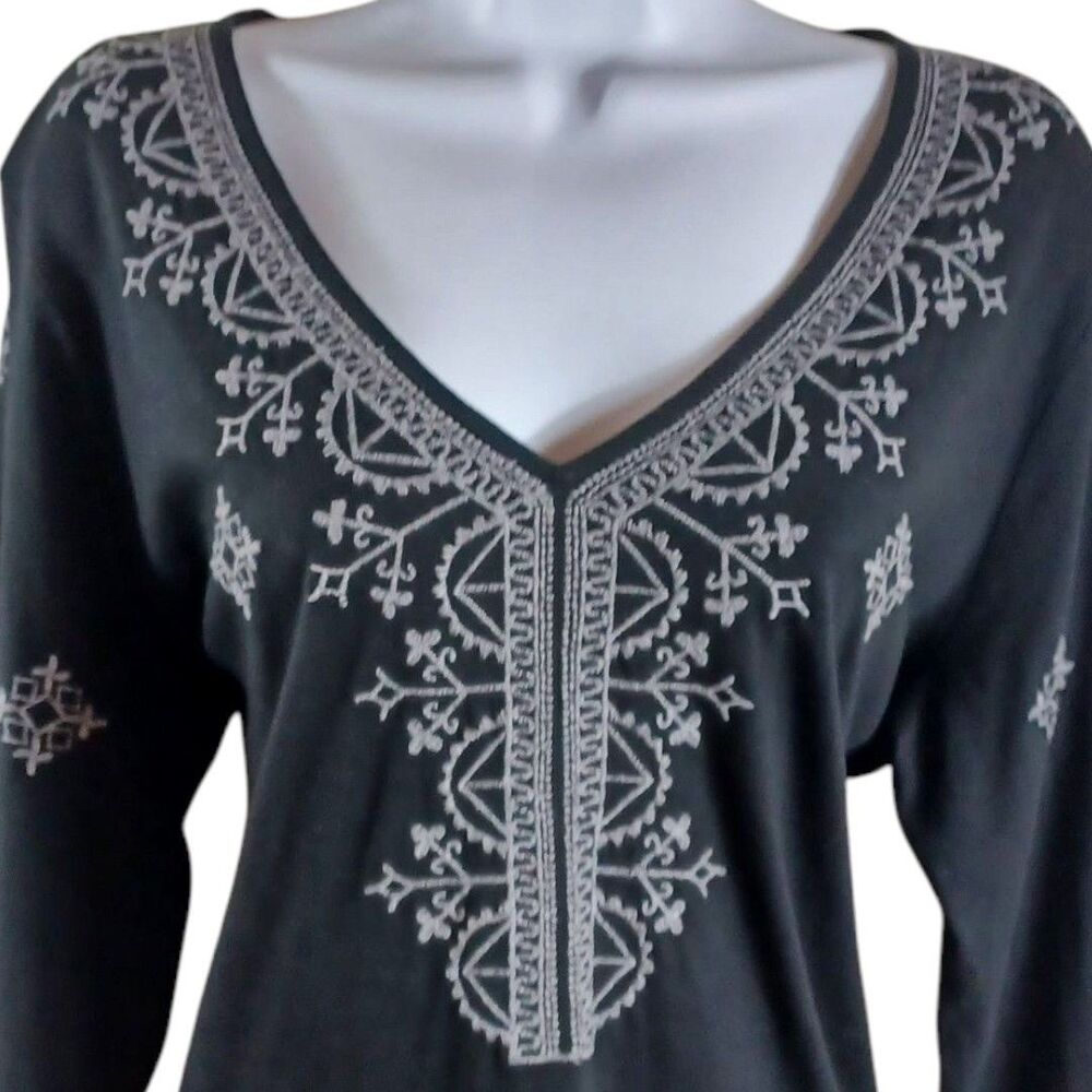 J. Jill Boho Embroidered Tunic Chic Top Sz M Black Boho V-Neck 3/4 Sleeve Cotton - Picture 4 of 9